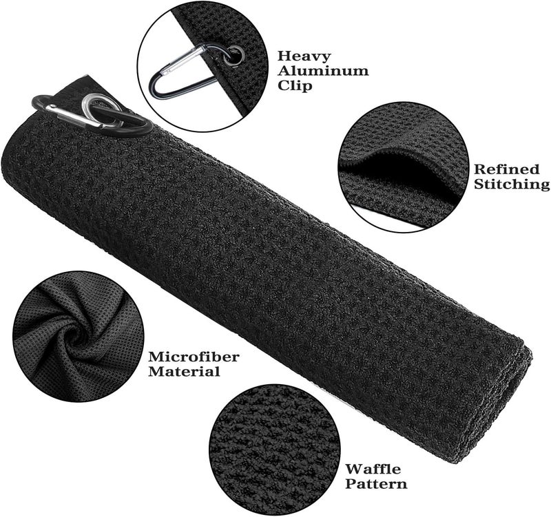 Seticek 2 Pack Golf Towel (16" X 16") with Club Brush, Microfiber Waffle Pattern Golf Towels for Golf Bags for Men,Essential Golf Combo Cleaning Kit (Black+Gray) - Image 3
